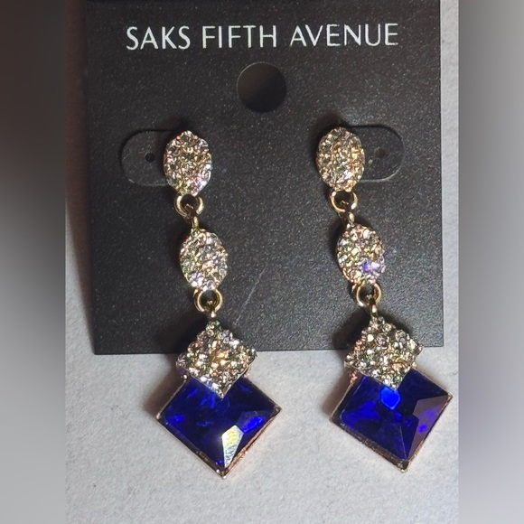 Saks Fifth Ave Pave Teardrop Crystal Post With Drop Blue Crystal Earrings - Picture 5 of 9